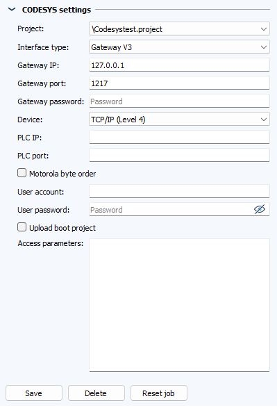 Figure: Job configuration, CODESYS settings section