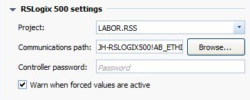 Figure: Job configuration, RSLogix 500 settings section