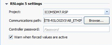 Figure: Job configuration, RSLogix 5 settings section