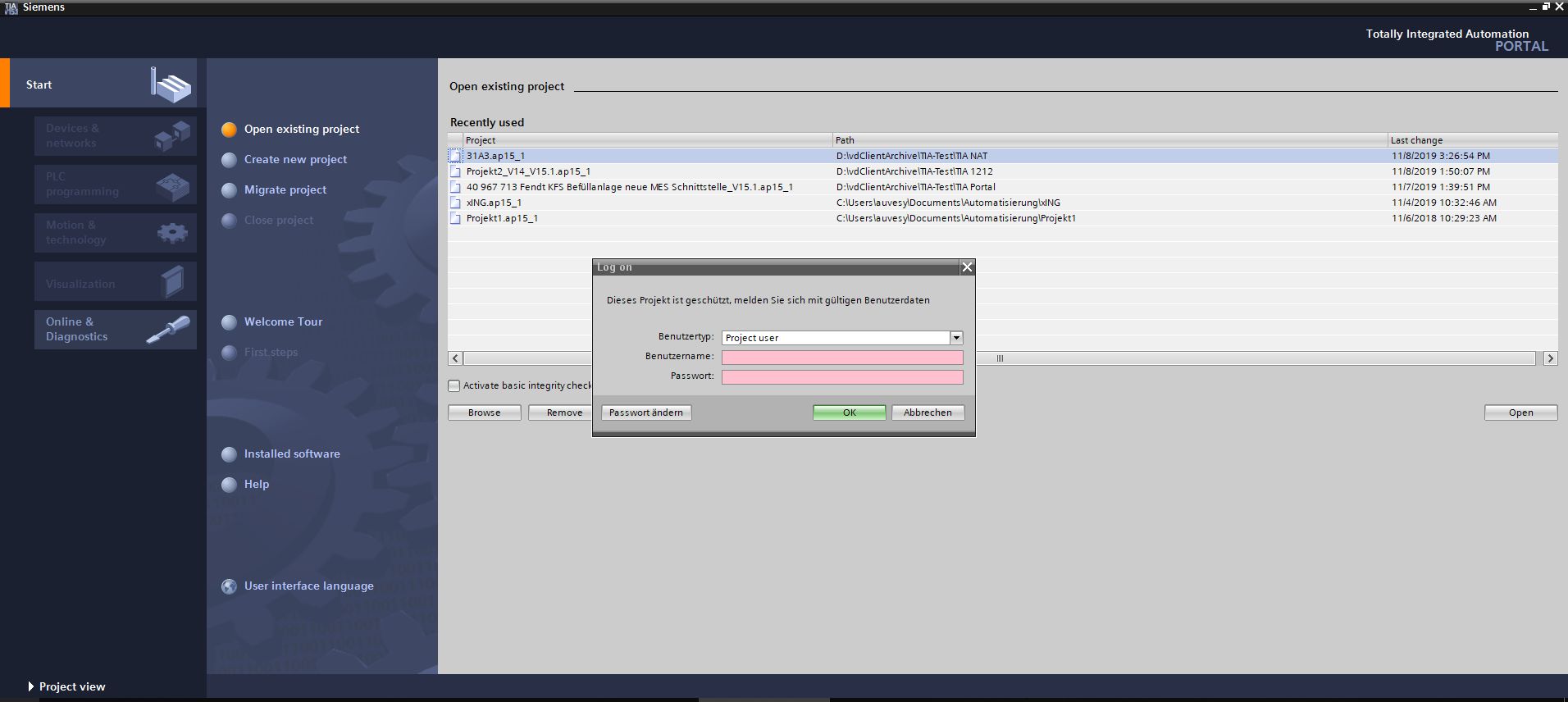 Figure: TIA Portal, project protection, user data specification