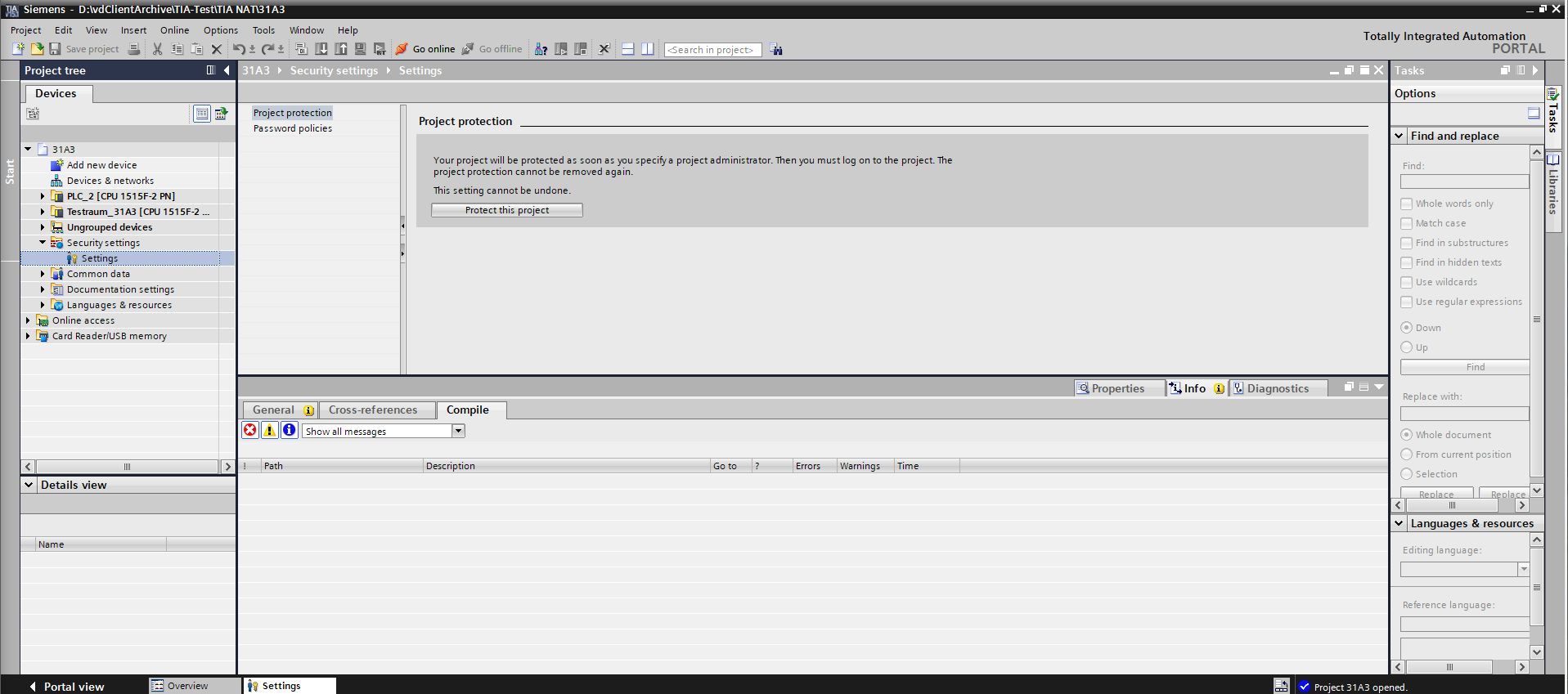 Figure: TIA Portal, set up project protection