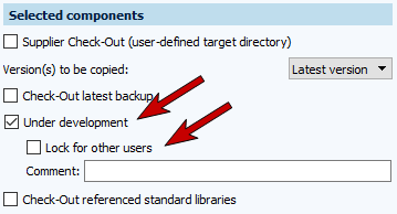 Figure: Check-Out dialog, Selected components area, Under development