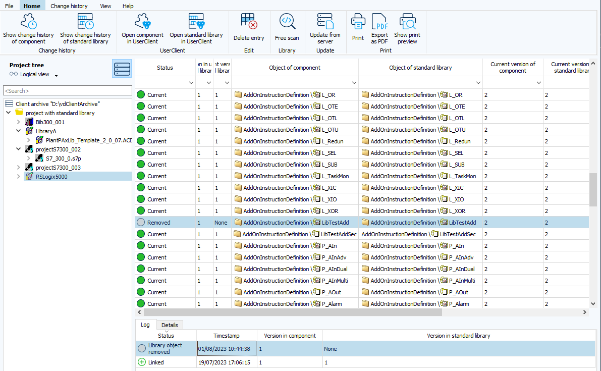 Figure: Identification of objects removed from the library in the project