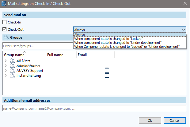 Imagen: Diálogo de configuración de correo electrónico para check-in/check-out