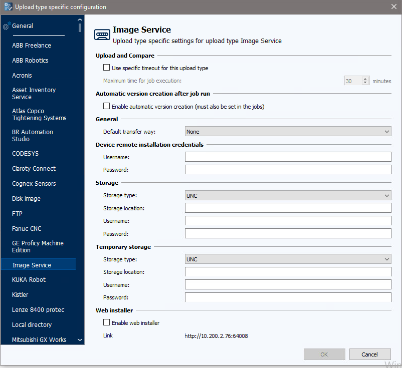 Imagen: Diálogo de configuración específica del Tipo de Carga, Pestaña Image Service