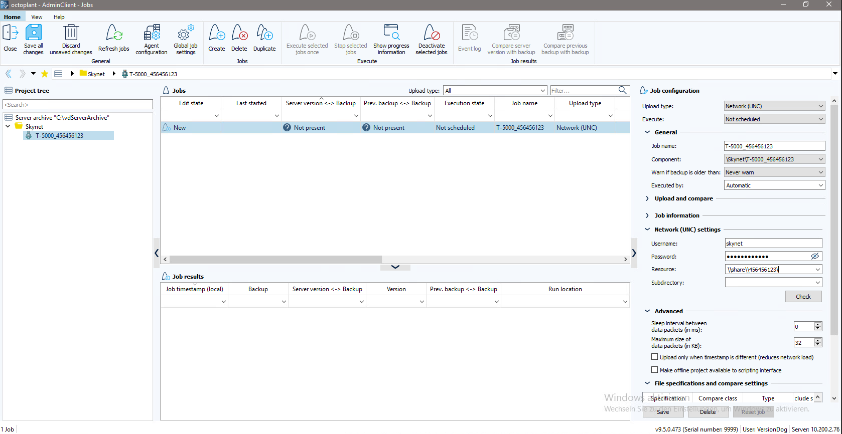 Imagen: Configuración de la tarea para el componente T-5000