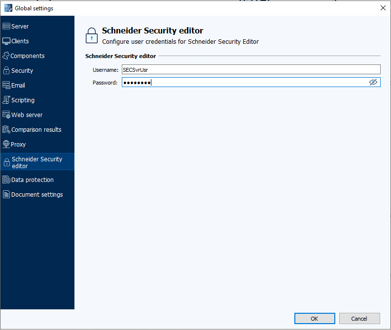 Imagen: módulo Configuración global, pestaña Editor de seguridad de Schneider