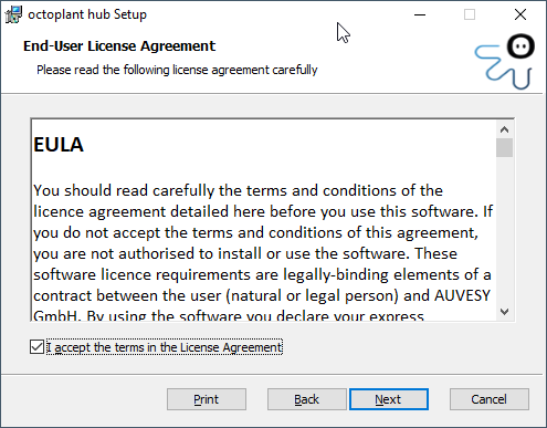 Imagen: Instalación de octoplant hub, acuerdos de licencia