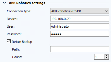 Imagen: Configuración de la tarea, sección de ajustes de ABB Robotics