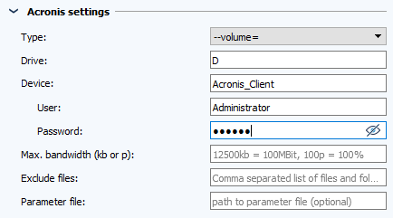 Imagen: Configuración de la tarea, sección de configuración de Acronis