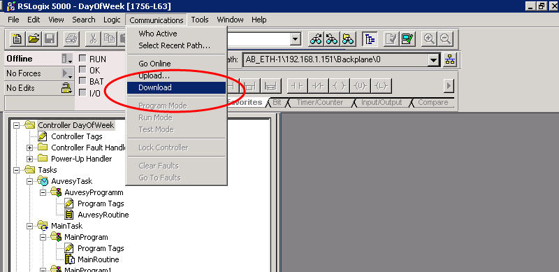 Imagen: Editor RSLogix 5000, opción de menú Comms Download