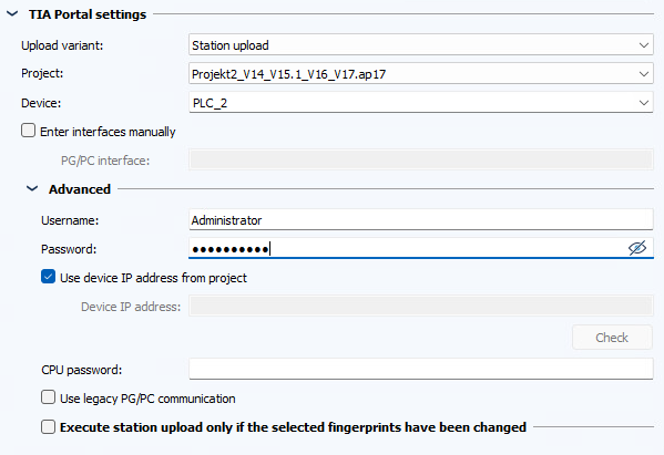 Imagen: Configuración de la tarea, sección Configuraciones de TIA Portal, carga de estación