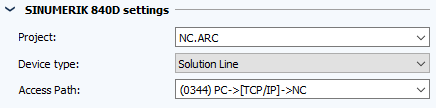 Imagen: Configuración de la tarea, sección de ajustes de SINUMERIK 840D