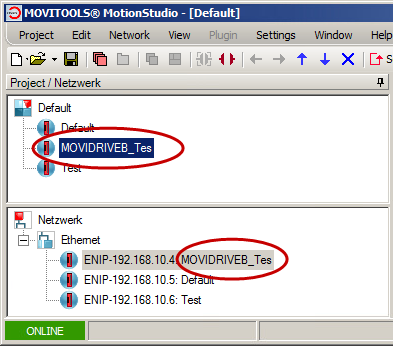 Abbildung: MOVITOOLS® MotionStudio, Anzeige Online-und Offlineansicht