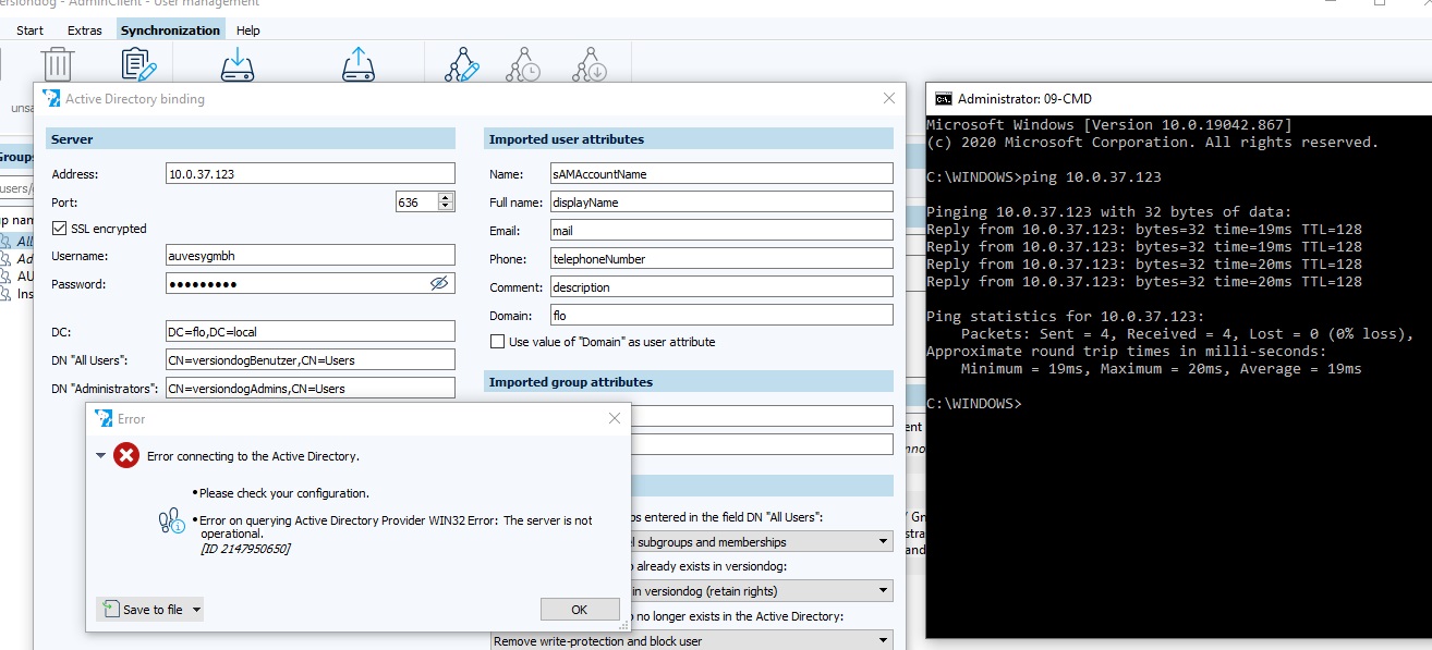 Abbildung: Fehler beim Verbinden mit Active Directory