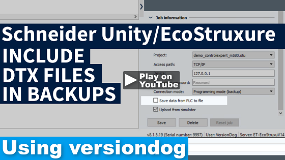 Schneider Unity/EcoStruxure: DTX-Dateien in mit versiondog erstellte Backups einbeziehen