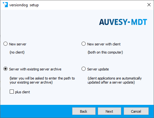 Abbildung: Installationsassistent, Server mit bestehendem Serverarchiv installieren (ohne Client)