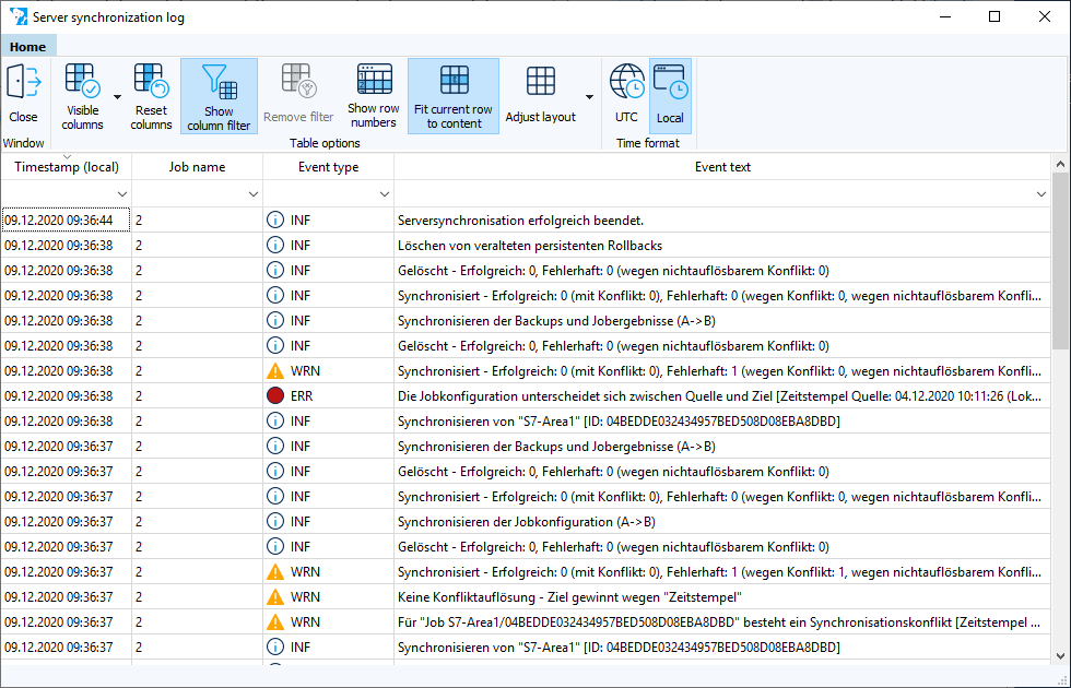 Abbildung: Dialog Serversynchronisationslog