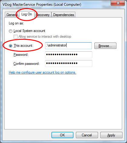 Figure: Properties of VDogMasterService, Login tab