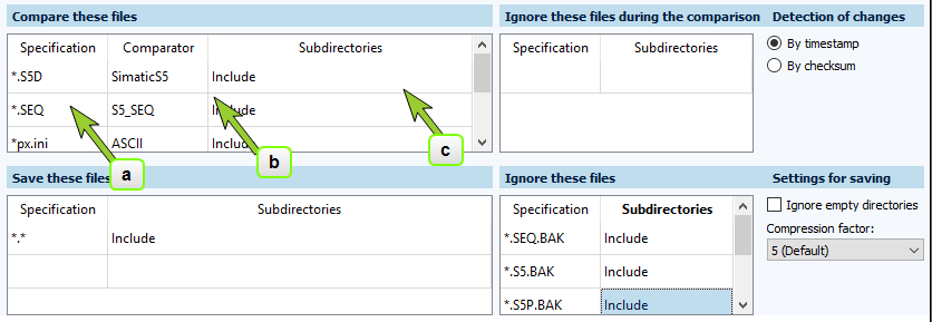 Figure: Component type editor module, Compare these files, Columns