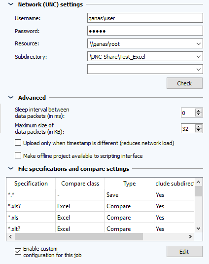 Figure: Job configuration, Network (UNC) settings and Advanced sections