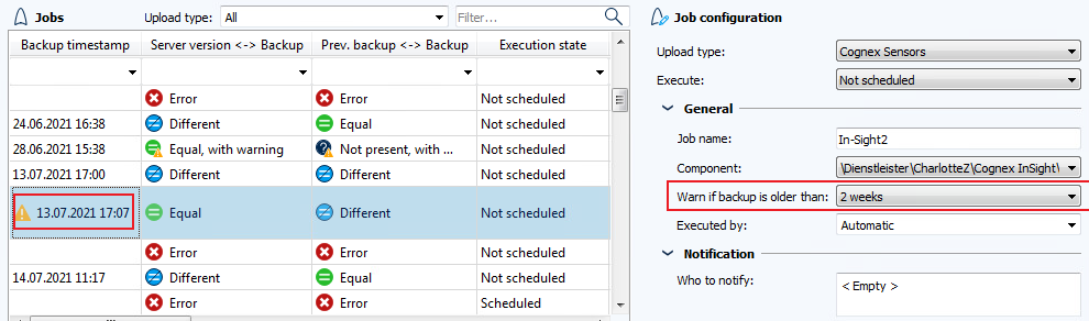 Figure: Job configuration, warning if backup is older than