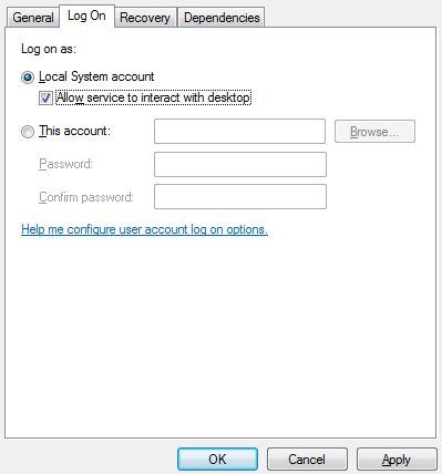 Figure: Properties of {Service}, Login tab