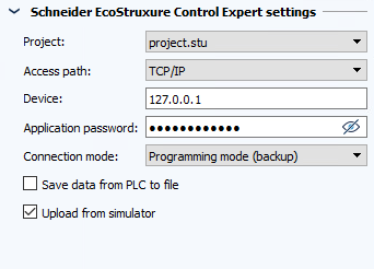 Figure: Job configuration, Schneider EcoStruxure Control Expert settings section