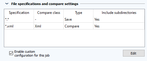 Figure: Job configuration, File specifications and compare settings section