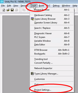 Figure: Schneider Unity Editor, menu item Project settings