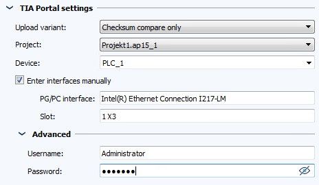 Figure: Job configuration, TIA Portal settings section, upload variant Checksum comparison