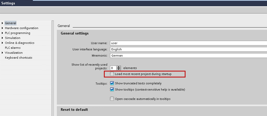 Figure: TIA Portal: Load project at startup