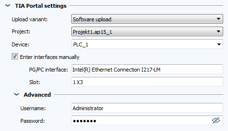 Figure: Job configuration, TIA Portal settings section, Software upload