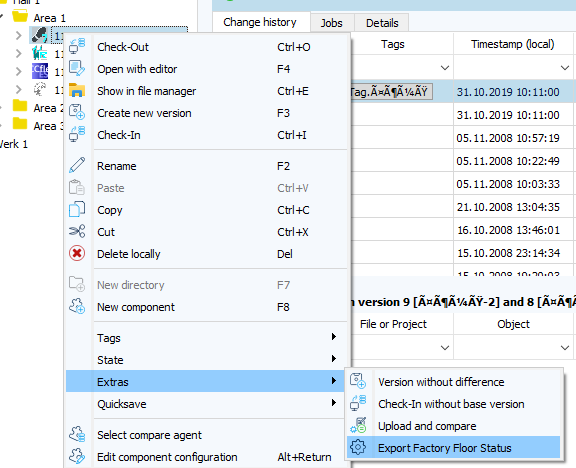 Figure: Export Factory Floor Status, component filter, context menu