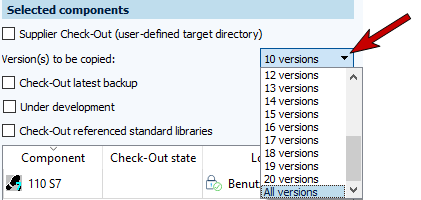 Figure: Check-Out dialog, Selected components area, versions selection