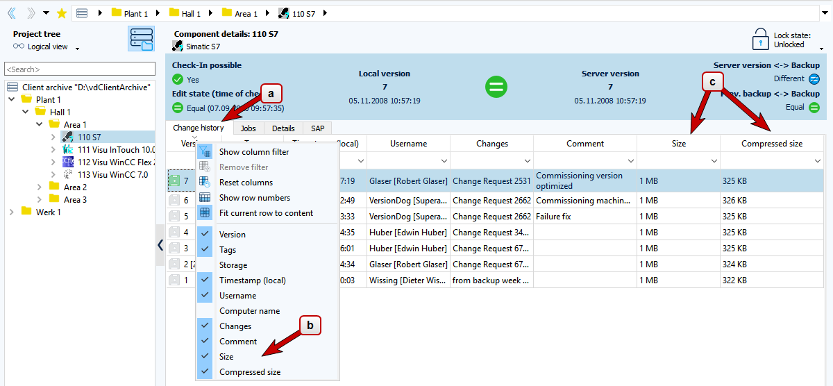 Figure: Change history tab, size of projects