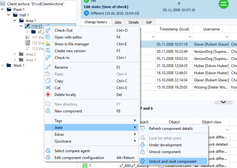 Figure: Project tree, Change lock status context menu