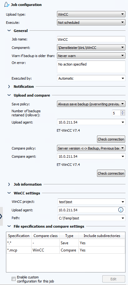 Figure: Job configuration, WinCC settings section