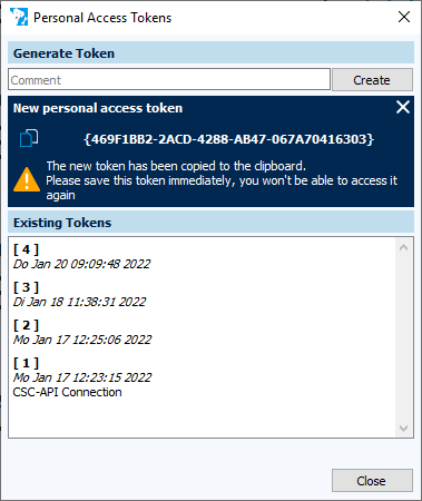 Figure: Personal access tokens dialog, new token created