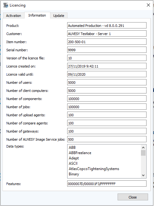 Figure: Licensing dialog, Information tab