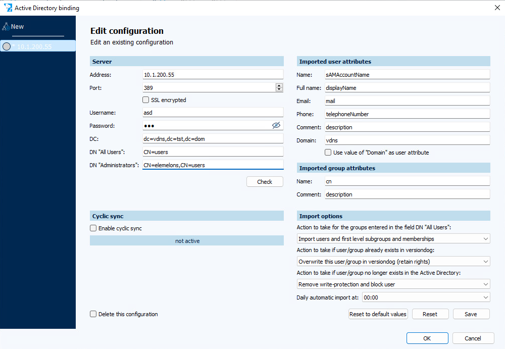 Figure: Active Directory connection dialog