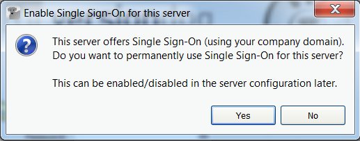 Figure: Activate Single Sign-On dialog for this server