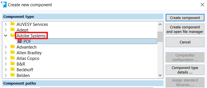 Figure: Create new component dialog, PDF component type