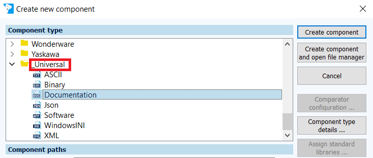 Figure: Create component dialog, Documentation component type