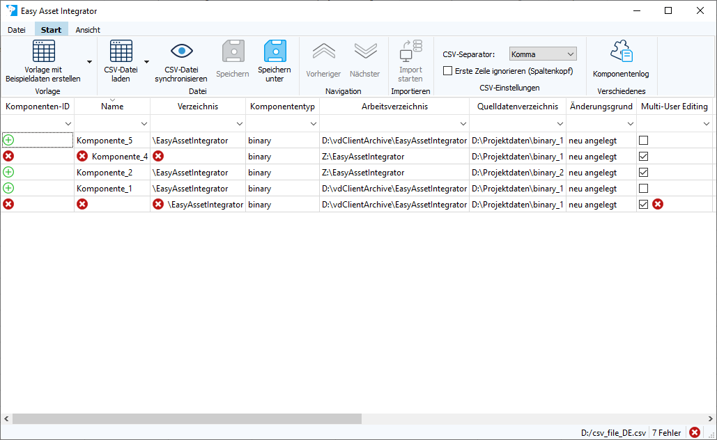 Figure: Easy Asset Integrator dialog, error in the file