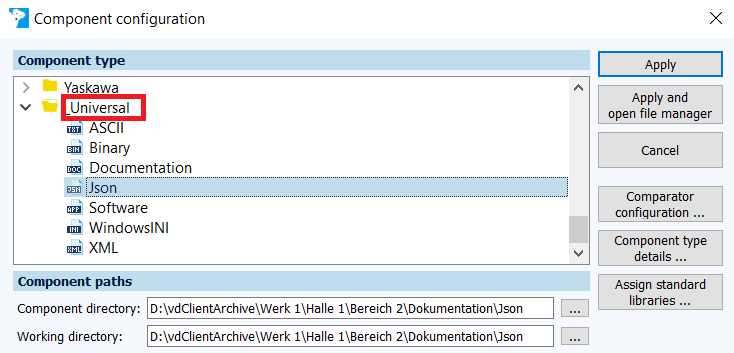 Figure: Component configuration dialog, Json