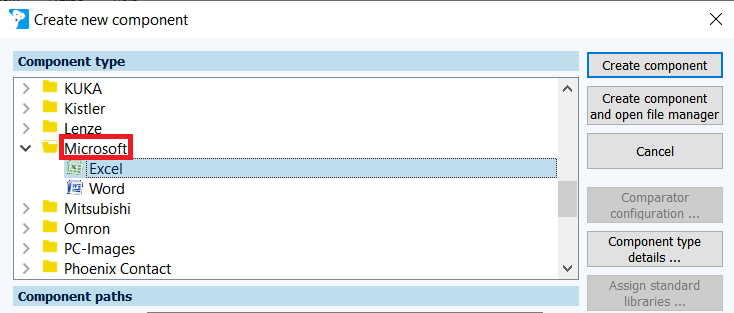 Figure: Create new component dialog, Microsoft Excel component type