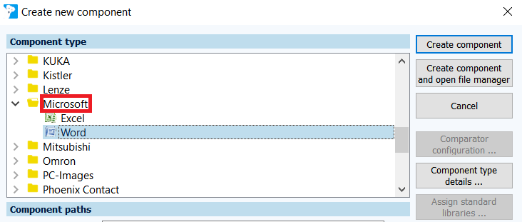 Figure: Create new component dialog, Microsoft Word component type