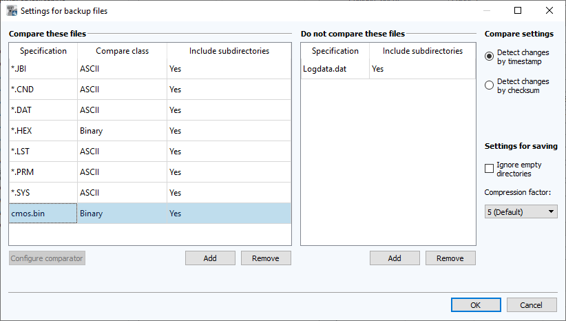 Figure: Backup file configuration dialog, Comparison of the cmos.bin file