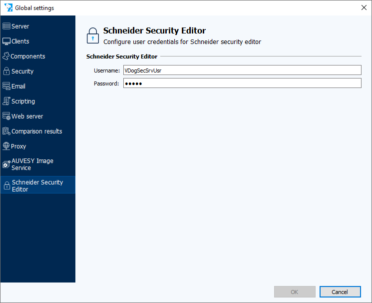 Figure: Global settings module, Schneider Security Editor tab